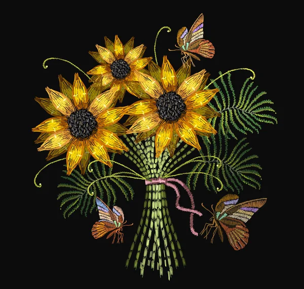 Vyšívací kytice slunečnic a motýlí vektor — Stockový vektor