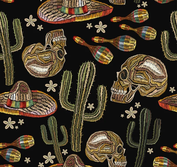 Calavera humana y maracas, cactus. Bordado étnico clásico — Archivo Imágenes Vectoriales
