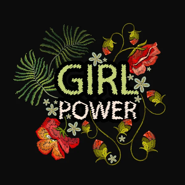 刺繍のケシの花。女の子電力のスローガン — ストックベクタ