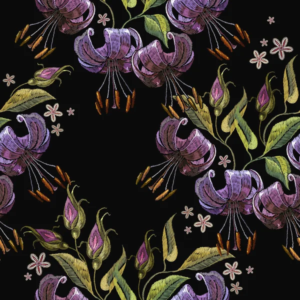 Embroidery tiger lillies seamless pattern. Template for clothes
