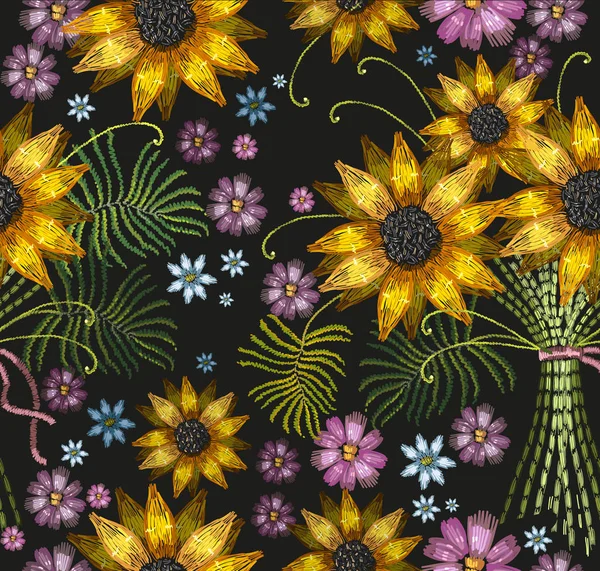 Bouquet de broderie fleurs de tournesol motif sans couture — Image vectorielle