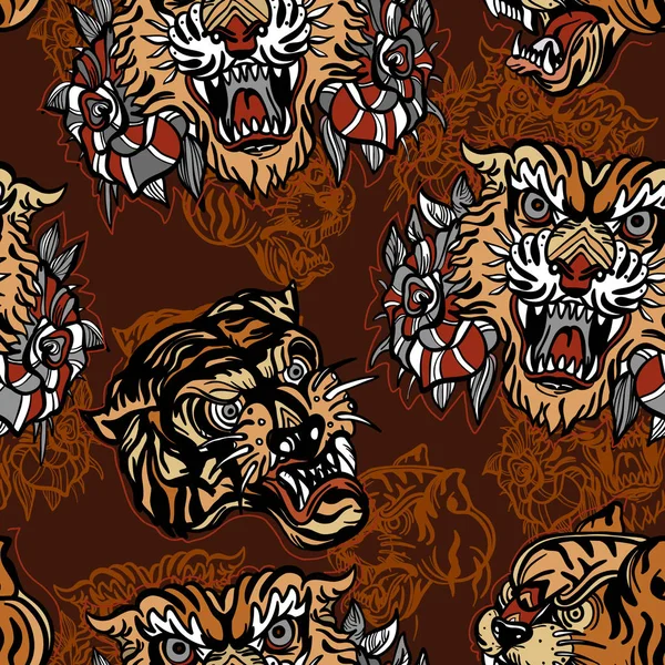 Tigers seamless pattern, old school tattoo vector — Stock Vector