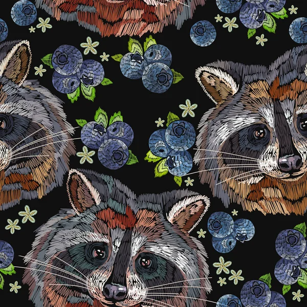Raccoons and bilberry berries embroidery seamless pattern