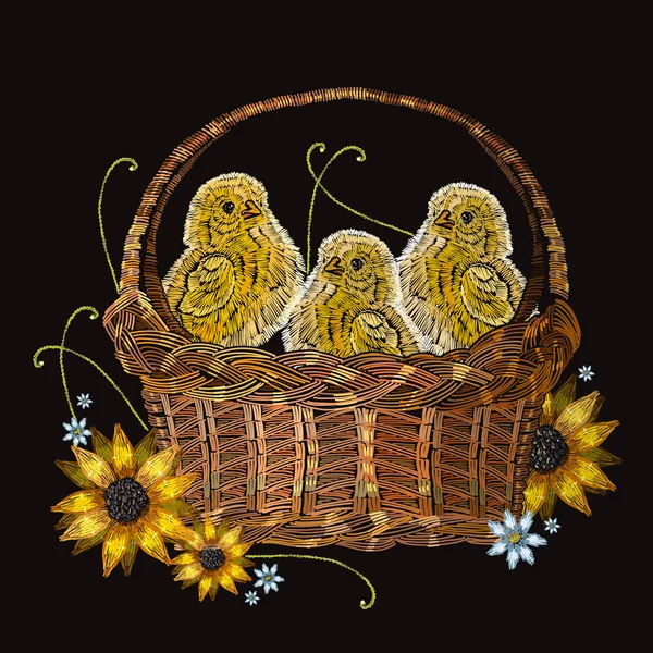 Pollos bordados en una cesta y girasoles — Vector de stock