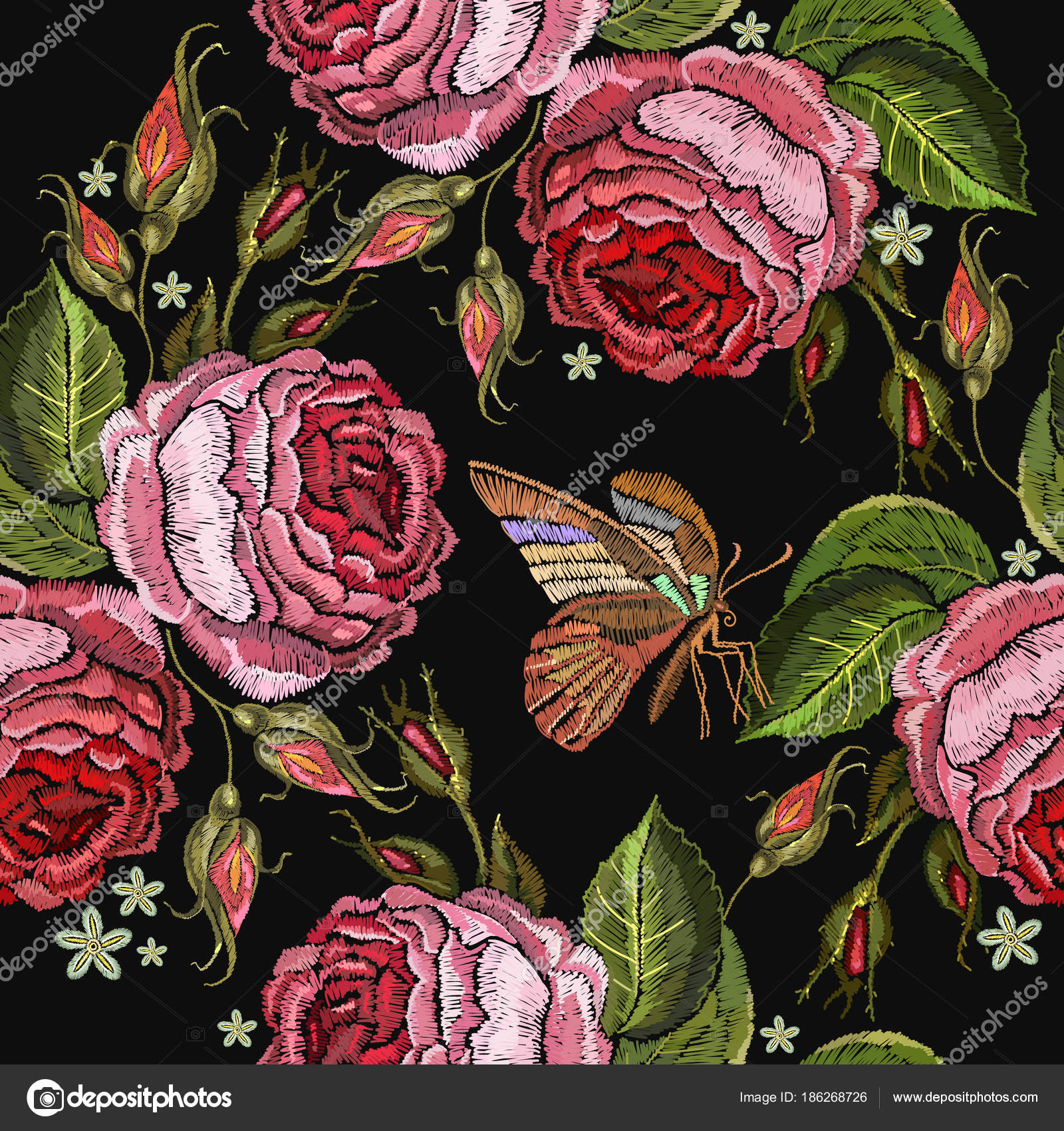 Rose Buds Embroidery Seamless Pattern Fashionable Template For