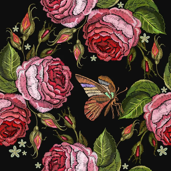 Bordado rosas e borboleta tropical sem costura padrão — Vetor de Stock