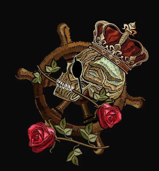 Κέντημα pirate κρανίο στο στέμμα, τιμόνι και τριαντάφυλλα — Διανυσματικό Αρχείο