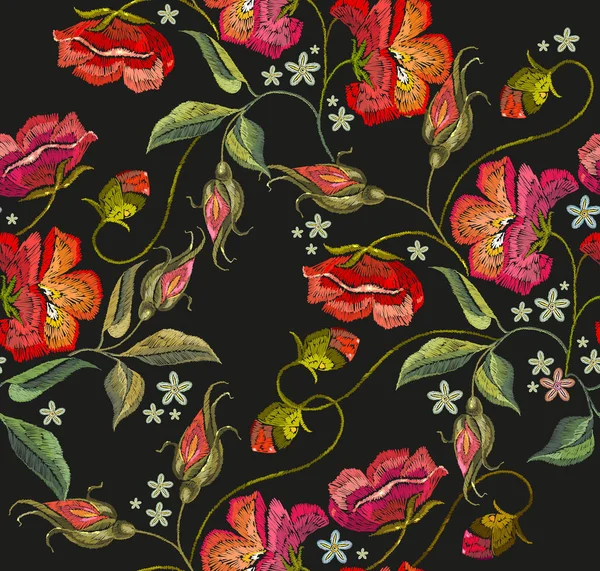 Bordado primavera amapolas flores patrón sin costuras — Vector de stock