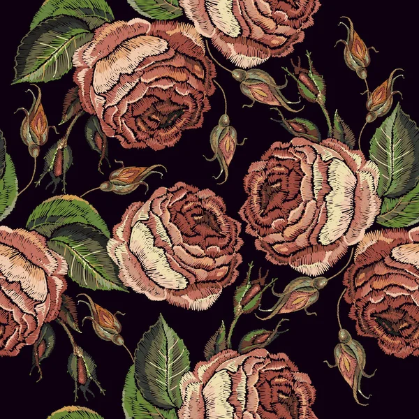 Beautiful vintage buds of pink roses classical embroidery