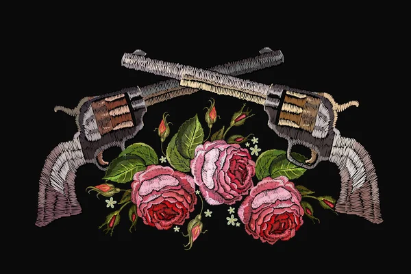 Stickerei der gekreuzten Kanonen und Rosen. Vorlage für Kleidung — Stockvektor