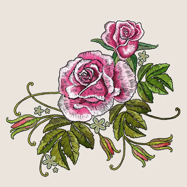 Beautiful buds of red roses classical embroidery — Stock Vector