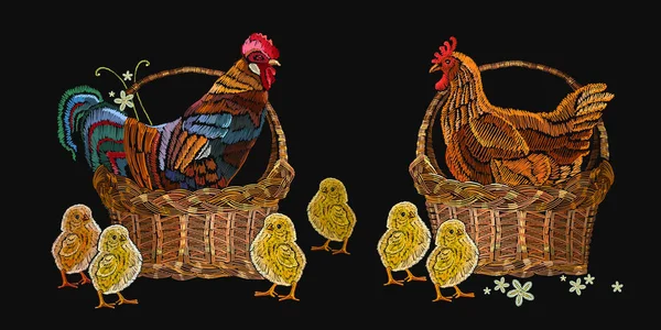 Bordado de gallina, gallo y gallinas en una cesta — Archivo Imágenes Vectoriales