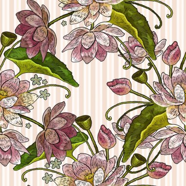 Klasik nakış pembe nilüferler desen, nilüfer