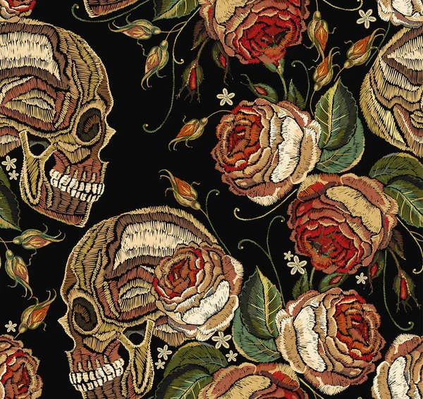Embroidery skull and roses flowers seamless pattern
