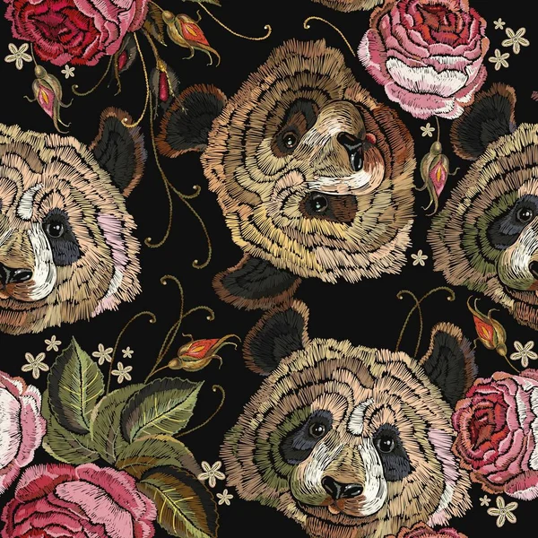Вишивка панда і квіти троянд безшовний візерунок — стоковий вектор