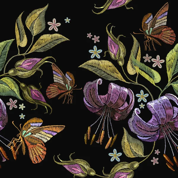 Borduurwerk tiger lillies en naadloze patroon vlinder — Stockvector
