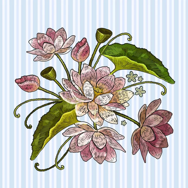 Bordado flores de loto. Plantilla de ropa, diseño de camiseta — Vector de stock