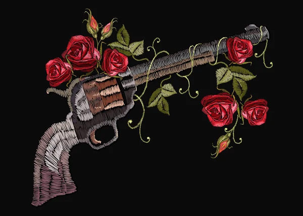 Pistolas de bordado y rosas flores. Plantilla para ropa — Vector de stock