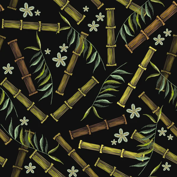 Bordado de bambú y flores patrón sin costuras — Archivo Imágenes Vectoriales