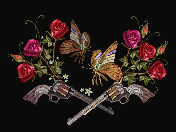 Embroidery crossed guns, butterfly and roses — Stock Vector
