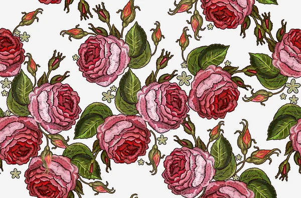 Rosas bordadas patrón sin costuras. Plantilla para ropa — Vector de stock