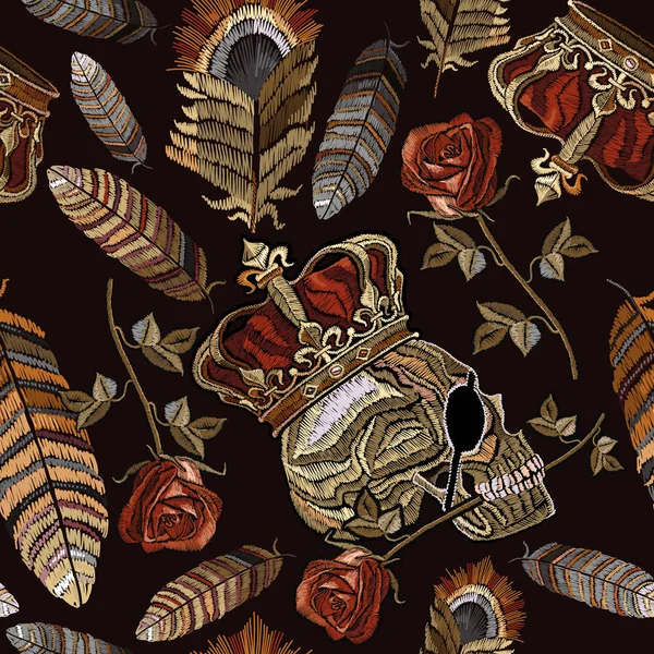 Embroidery golden crown, human skull, feathers and roses