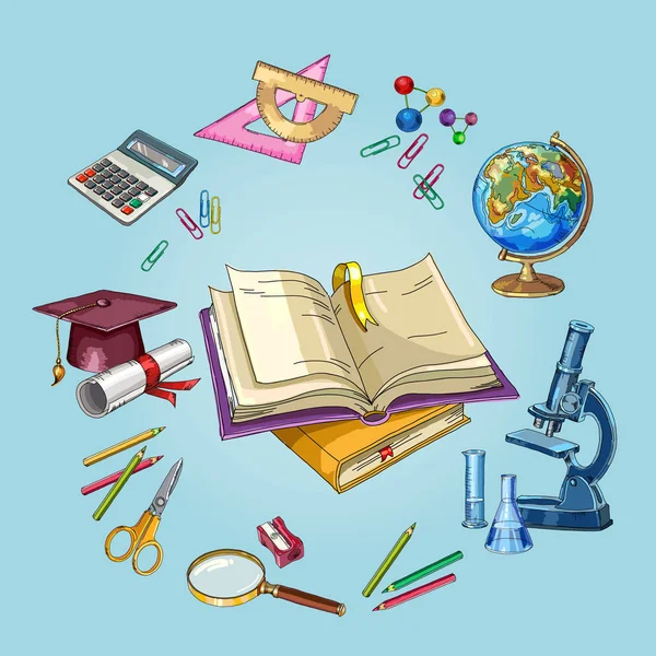 Ανοίξτε το βιβλίο της γνώσης. Σύγχρονη εκπαίδευση στοιχεία, εργαλεία σχολείο — Διανυσματικό Αρχείο