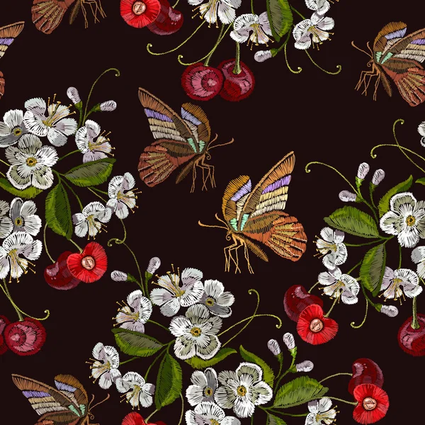 刺繍桜の木と桜の果実をベリーします。 — ストックベクタ