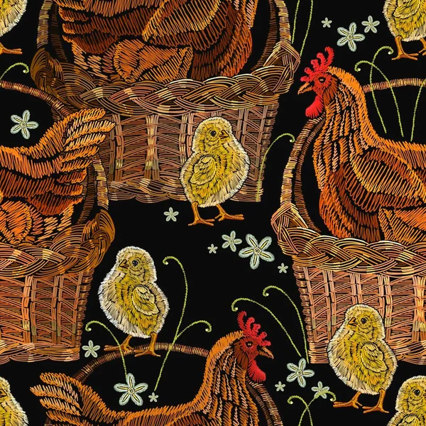 刺绣母鸡和鸡在一个篮子无缝模式 — 图库矢量图片