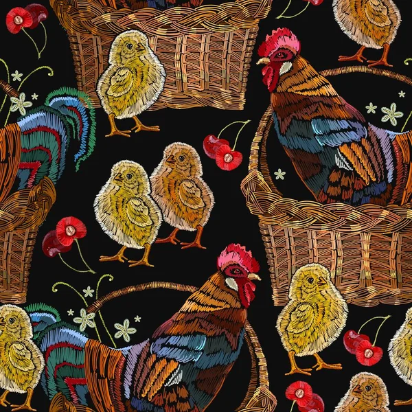 刺繍オンドリおよび鶏バスケット シームレス パターン — ストックベクタ