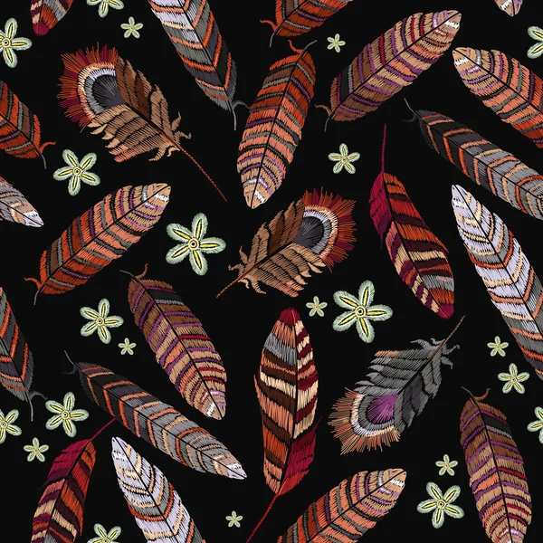 Красиві тропічні пір'я павича і вишивка квітами — стоковий вектор