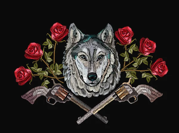 Вышивка волк, скрещенные пистолеты и розы — стоковый вектор