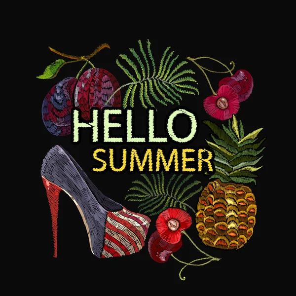 Вышивка, слоган "Привет, лето". Женская обувь, модная — стоковый вектор