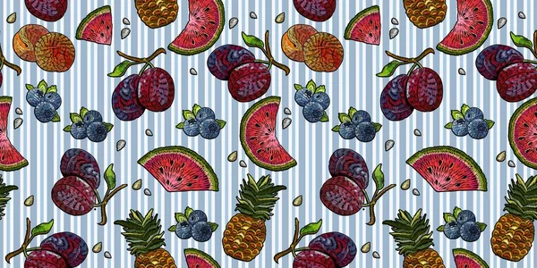 Broderie pastèque, prunes, bonbons d'été motif sans couture — Image vectorielle