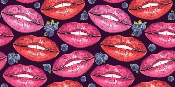 Zoete kus mode kunst. Sexy natte lip make-up patroon — Stockvector