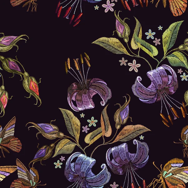 Embroidery tiger lillies and butterfly seamless pattern. Templat