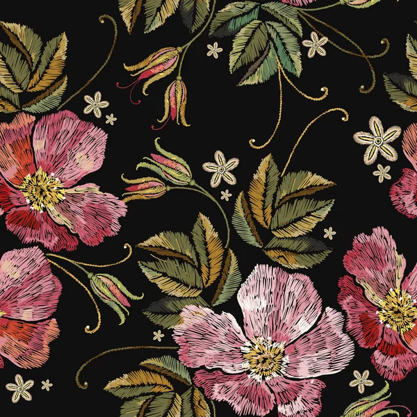 Mbroidery divoké růže vzor bezešvé — Stockový vektor