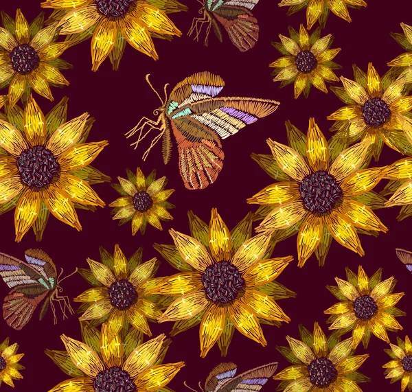 Bordado girasoles y mariposas patrón sin costuras — Archivo Imágenes Vectoriales