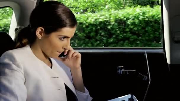 Красивая деловая женщина, работающая на заднем сиденье автомобиля говорит по телефону серьезно — стоковое видео