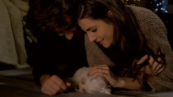 Casal apaixonado em casa à noite abraçando o cachorrinho no chão closeup — Vídeo de Stock