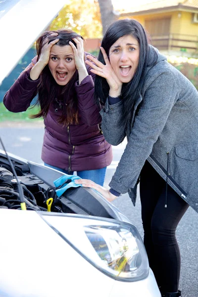 Women desperate about broken car screaming vertical — Stock Photo, Image