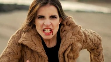 Ağzı kan içinde koşup çığlık atan güzel bir kadın.