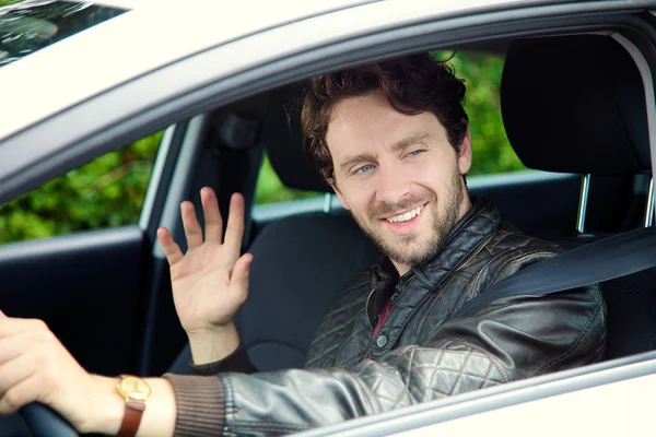 Hombre Guapo Conducir Coche Serio —  Fotos de Stock