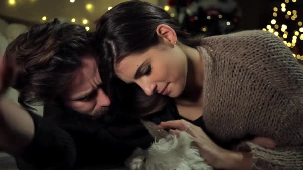 Couple Love Looking Each Other Eyes Caressing Little Dog — Stock Video