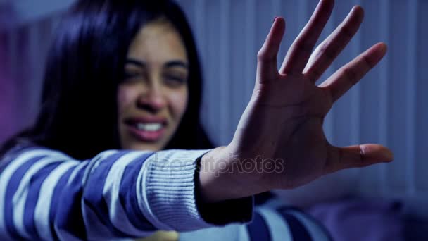 Concept Domestic Violence Home Hispanic Woman Night Closeup — Stock Video