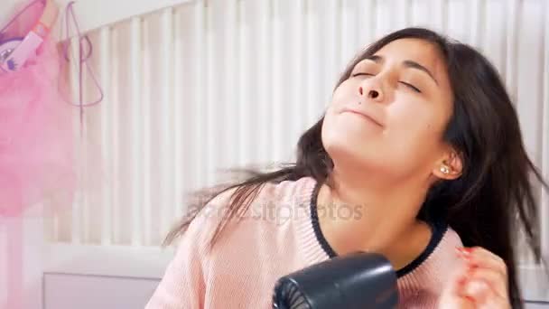 Happy Teenager Bedroom Drying Long Hair Singing Happy Slow Motion — Stock Video