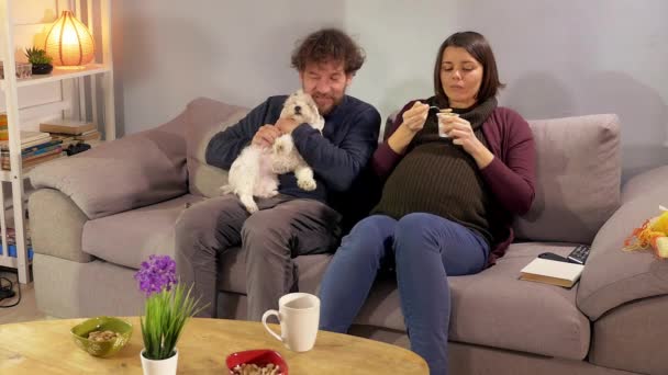 Famille Heureuse Avec Une Femme Enceinte Assise Sur Canapé Jouant — Video