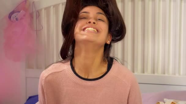 Happy Hispanic Female Teenager Shaking Long Hair Slow Motion — Stock Video