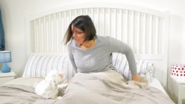 Mulher Feliz Divertindo Com Cão Cama Pela Manhã Sendo Beijada — Vídeo de Stock