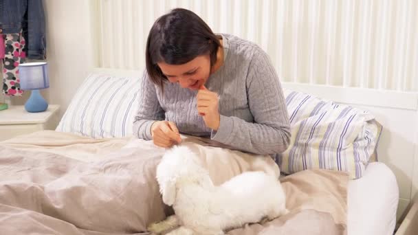 Όμορφη Γυναίκα Ερωτευμένη Σκυλάκι Που Παίζει Στο Κρεβάτι Χαμόγελο Αργή — Αρχείο Βίντεο